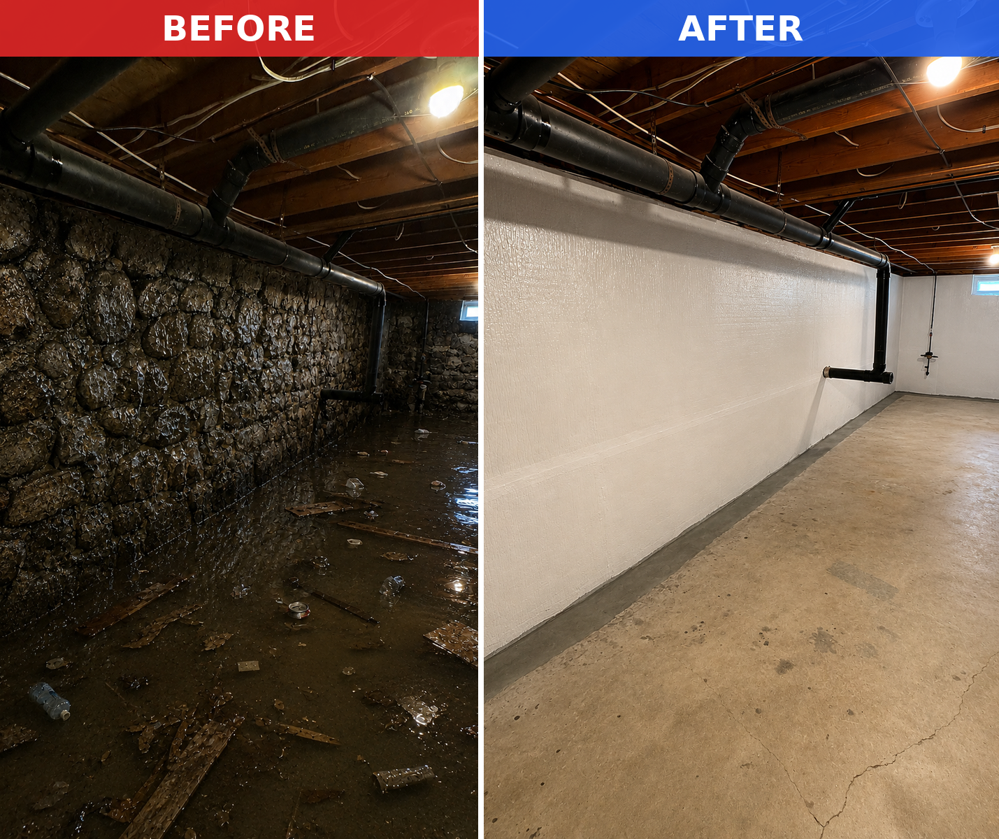 Before and after of a basement waterproofing job by A&A Basement Waterproofing — wet stone-wall basement transformed into a clean dry waterproofed basement in Connecticut
