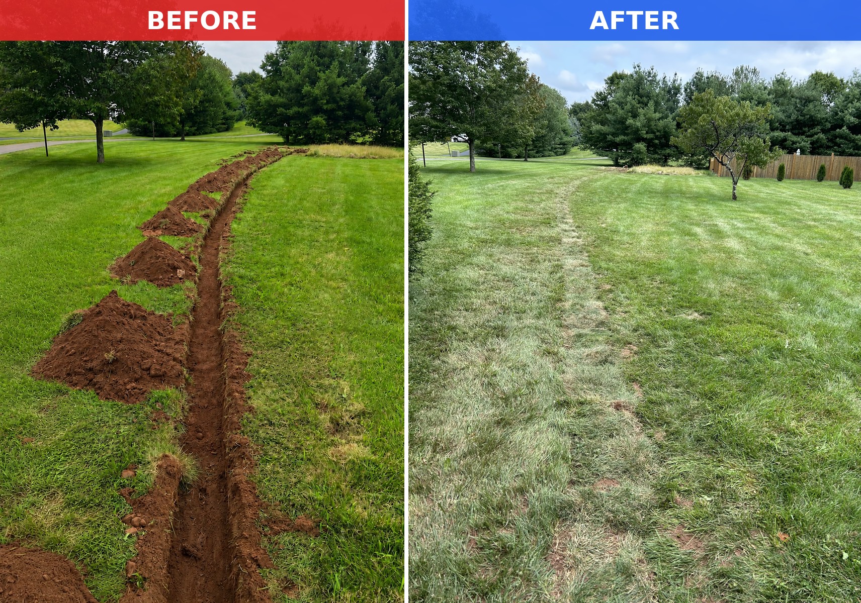 Before and after of an exterior drainage installation by A&A Basement Waterproofing — open trench with PVC line restored to a clean green lawn
