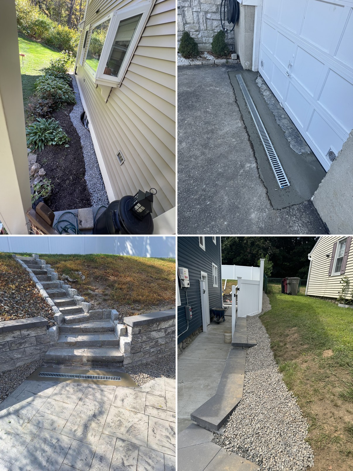 Exterior drainage installs by A&A Basement Waterproofing — French drain along foundation, garage grate drain, stair grate drain, and curtain drain along property line