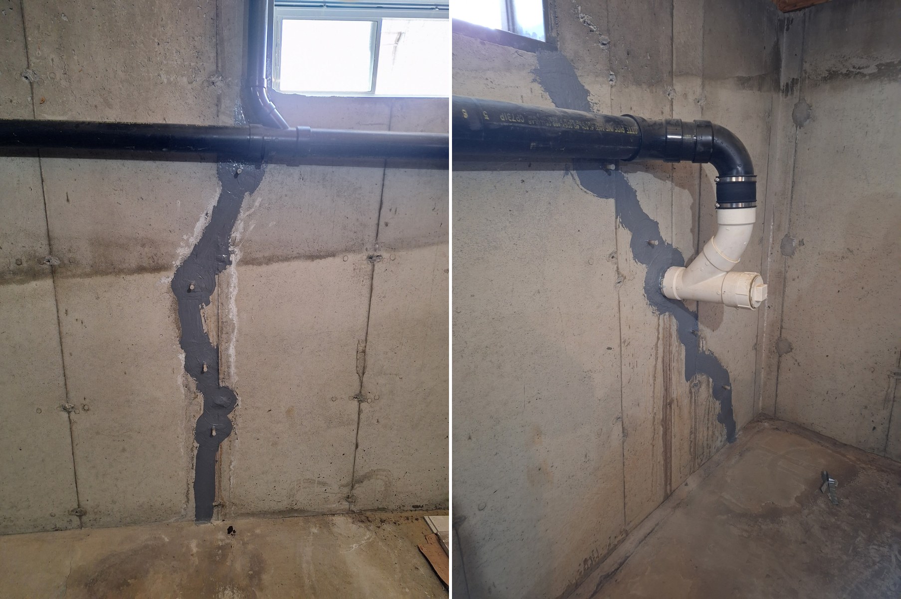 Two foundation cracks sealed by A&A Basement Waterproofing using polyurethane injection — repaired flat against the basement wall