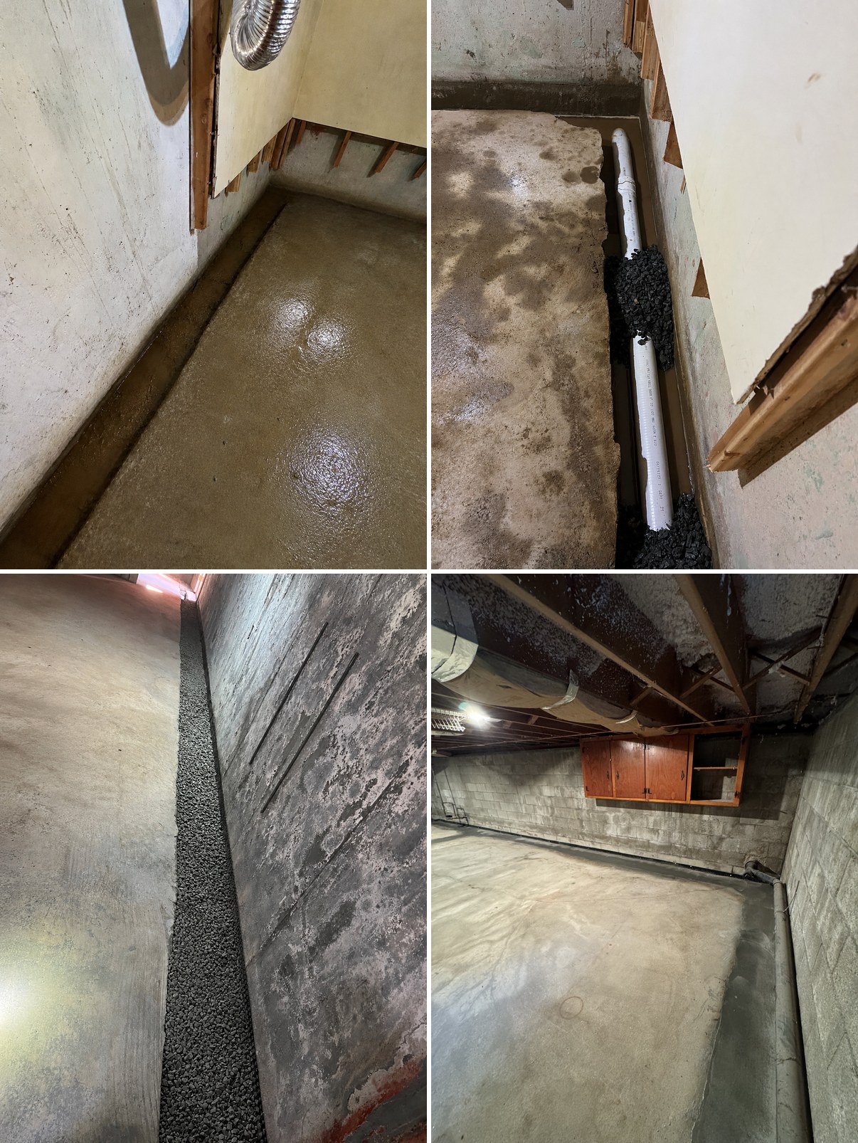 Four-step interior basement waterproofing system install by A&A Basement Waterproofing — concrete trench prepped, PVC drainage pipe set, gravel filled, and finished dry basement